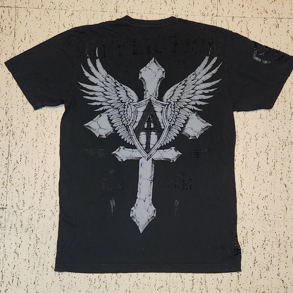 Affliction Spell Out Logo Full Graphic AOP T Shirt Black And Grey